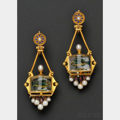 Antique 18kt Gold and Reverse-painted Crystal Fishbowl Earpendants