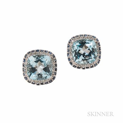 14kt White Gold, Blue Topaz, Sapphire, and Diamond Earrings, Encore by LeVian