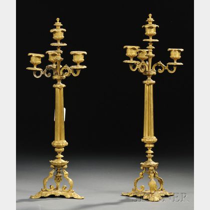 Pair of Bronze Dore Three-light Candelabra