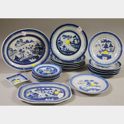 Eighteen Chinese Export Porcelain Canton Plates and Dishes with Two Platters. 
