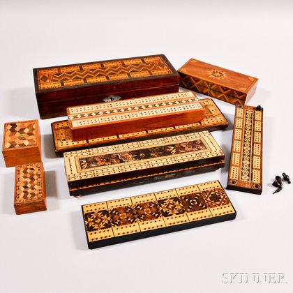 Six Cribbage Boards, Two Board/Boxes, and Two Tunbridgeware Boxes
