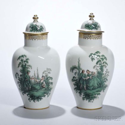 Pair of Green and White Meissen Covered Jars