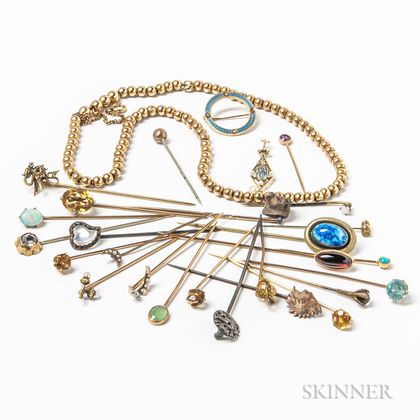 Group of Stickpins and a 14kt Gold Bead Necklace