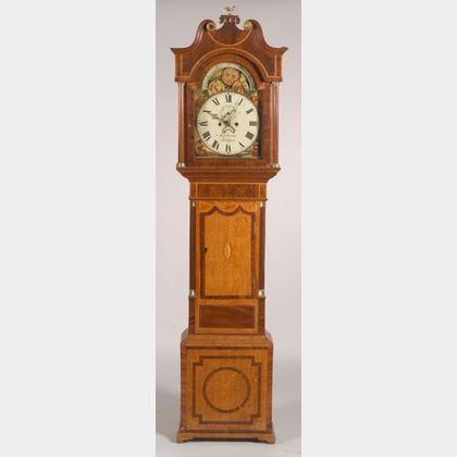 English Boxwood and Harewood Inlaid Oak Tall Case Clock