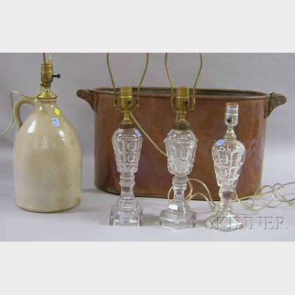 Three Sandwich and Sandwich-type Colorless Glass Fluid Lamps, a Lewis & Cady, Fairfax, Virginia, Stoneware Jug, and an Oval Copper Boil