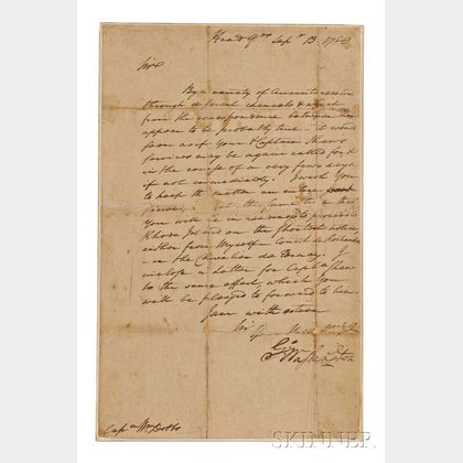Washington, George (1732-1799) Letter Signed, Headquarters, Bergen County, New Jersey, 13 September 1780.