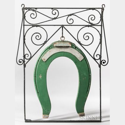 Wrought Iron and Carved and Green-painted Wood Farrier's Trade Sign