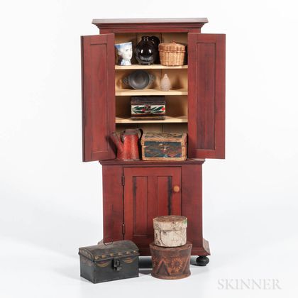 Miniature Grain-painted Step-back Cupboard and Eleven Miniature Items