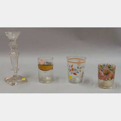 Three Polychrome Painted Floral Decorated Colorless Molded Glass Tumblers and a Colorless Cut Glass Candlestick