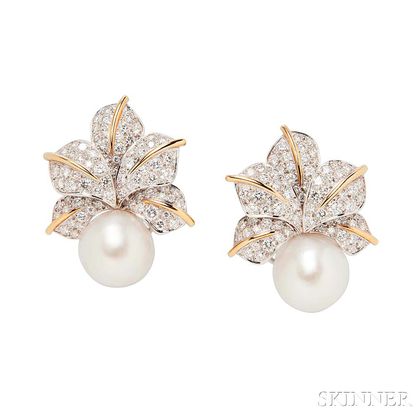 Platinum, 18kt Gold, South Sea Pearl, and Diamond Earclips