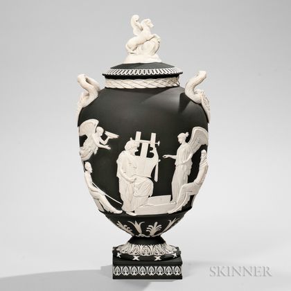 Wedgwood Solid Black Jasper Bellows Apotheosis of Homer Vase and Cover