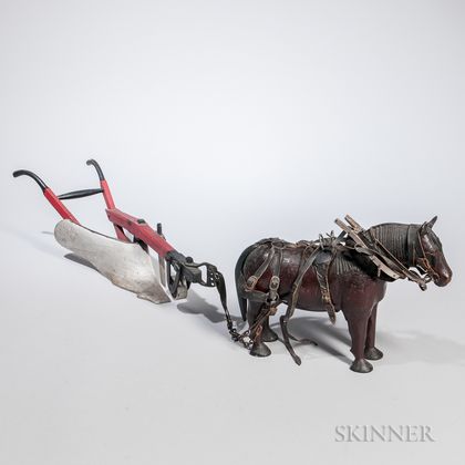 Carved and Painted Folk Art Horse and Plow