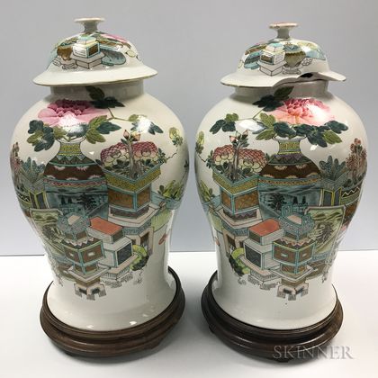 Pair of Large Covered Famille Rose Jars