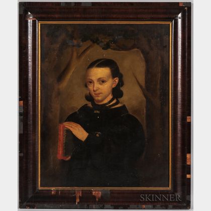Anglo/American School, 19th Century Half-length Portrait of a Woman in Black Holding a Book