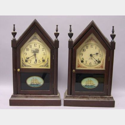 Two Reproduction Mahogany Steeple Shelf Clocks