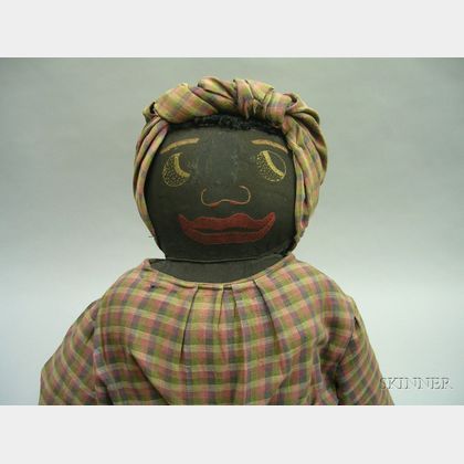Large Hand-Made Black Rag Mammy Doll and Wicker Chair