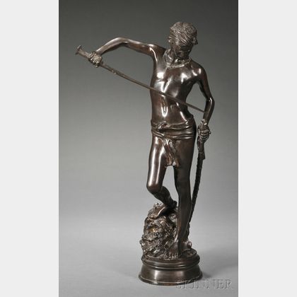 After Marius Jean Antonin Mercie (French, 1845-1916),Bronze Figure of David Standing on the Head of the Vanquished Goliath/David Va...