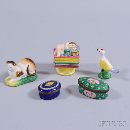 Two Enameled Patch Boxes and Three Ceramic Figures. Estimate $300-500