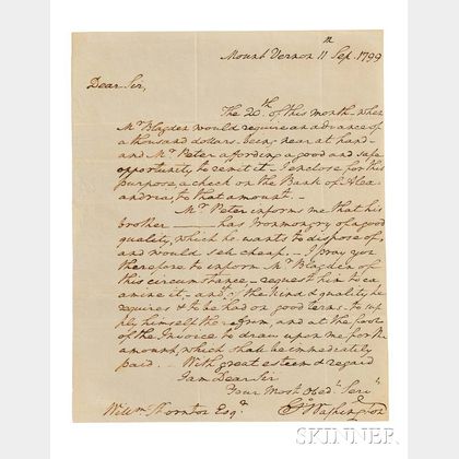 Washington, George (1732-1799) Autograph Letter Signed, Mount Vernon, 11 September 1799.