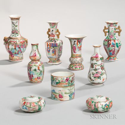 Nine Small Famille Rose Export Porcelain Vases and Salt and Pepper Shakers