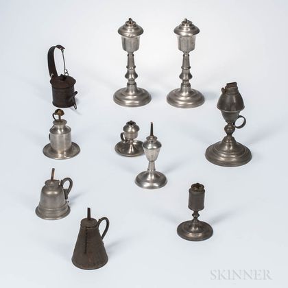 Ten Mostly Pewter Fluid Lamps