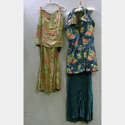 Art Deco Metallic Thread and Silk Pants Suit and Chinese Brocade Silk Tunic and Underdress. 