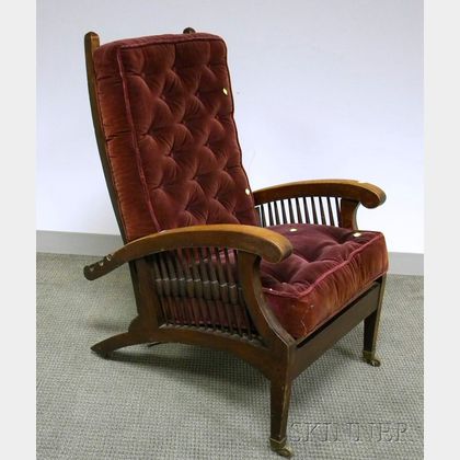 Mahogany Spindle-sided Adjustable-back Morris Chair with Upholstered Cushions.