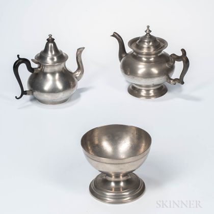Two Pewter Teapots and a Baptismal Bowl