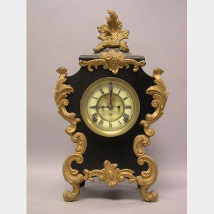 Ansonia Rococo-style Gilt and Black Painted Cast Metal Mantel Clock. 