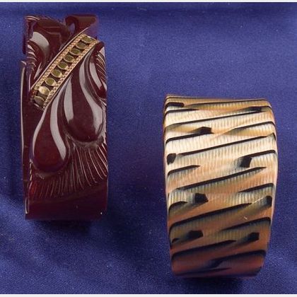 Bakelite and Brass Maroon Clamper and Celluloid Cuff Bracelets