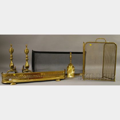 Pair of Brass Urn-top Andirons, a Small Brass Fireplace Fender, One Brass and Wire Fireplace Fender, and a Brass and Wire Folding Firep