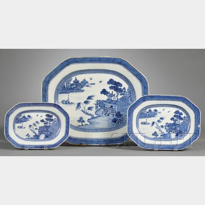 Three Blue and White Decorated Chinese Export Porcelain Platters