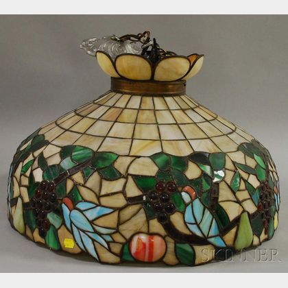 Large Leaded Slag and Jeweled Glass Fruit and Bird Pattern Hanging Lamp Shade