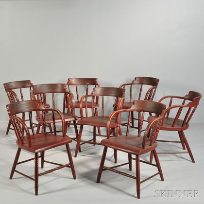 Set of Eight Red-painted and Gilt-decorated Odd Fellows Chairs