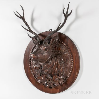 Carved Walnut Black Forest-style Bust of a Twelve-point Buck