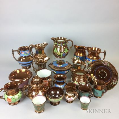 Twenty-two Copper Lustre Ceramic Tableware Items. Estimate $20-200