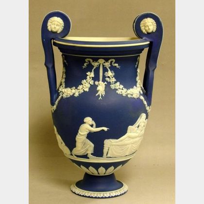 Wedgwood Dark Blue Jasper Dip Two-Handled Vase. 