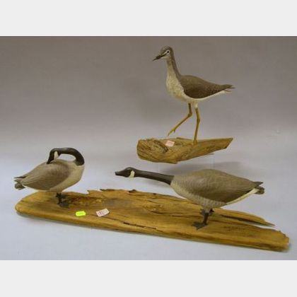 Bob Brophy Carved and Painted Wooden Shorebird Figure and a Canada Geese Figural Group