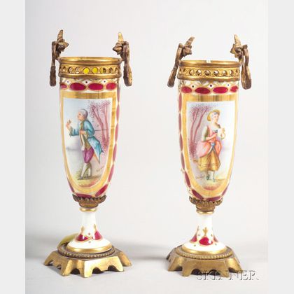 Pair of Sevres-style Porcelain and Ormolu Mounted Bud Vases