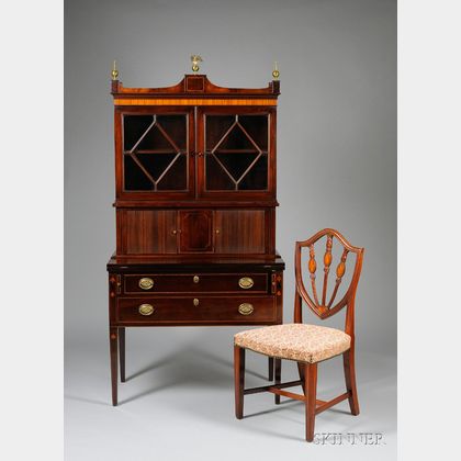 Federal-style Glazed Inlaid Mahogany Writing Desk/Bookcase and Upholstered Inlaid Mahogany Shield-back Side Chair