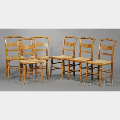 Set of Six Classical Tiger and Birds-eye Maple Side Chairs with Woven Rush Seats. 