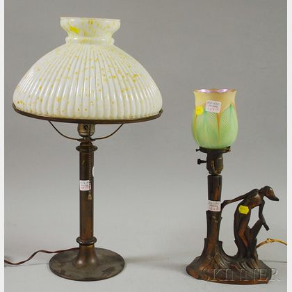 Art Deco Cast Metal Figural Table Lamp with Favrile-type Pulled Feather Art Glass Shade and a Bronze Patinated Table Lamp with Iridesce