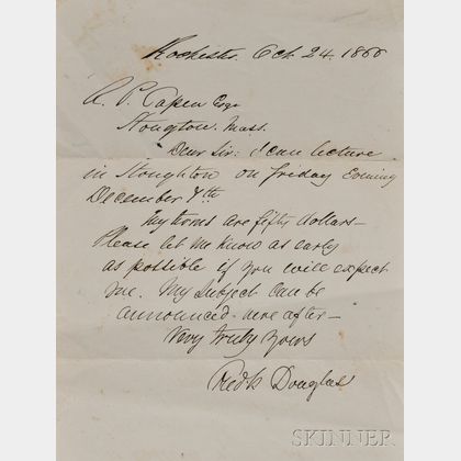 Douglass, Frederick (1818-1895) Letter Signed, 24 October 1866, Rochester, New York. Single sheet, wove paper, inscribed on one side. T
