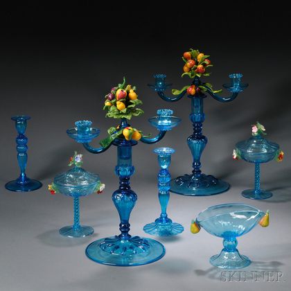 Large Group of Blue Venetian and Steuben Glassware