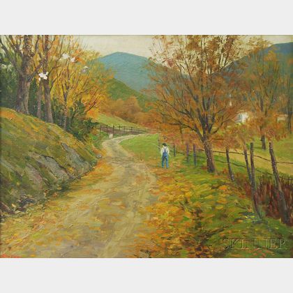 Alfred Ernest Lang (American, 1879-) Autumn Road with Farmer and Dog.