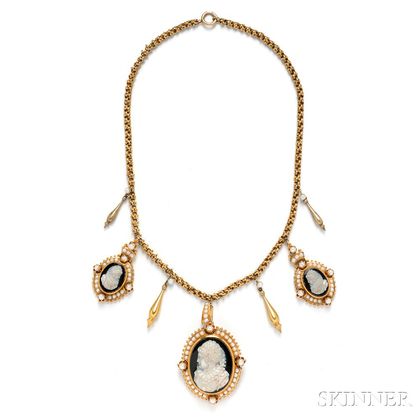 14kt Gold, Hardstone Cameo, and Pearl Necklace