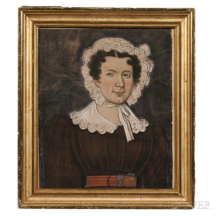 American School, Mid-19th Century Portrait of a Woman in a Brown Dress with Red Sash