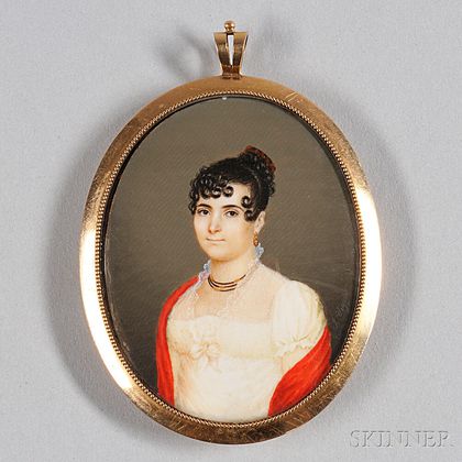 Joseph Veyrier (active Philadelphia, 1813-1817) Portrait Miniature of a Woman Wearing a White Dress and a Red Shawl.