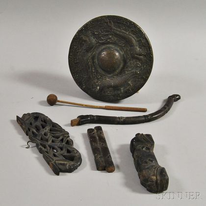 Indonesian Bronze Gong with Fragmentary Carved Wood Stand