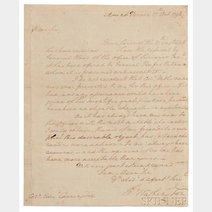 Washington, George (1732-1799) Autograph Letter Signed, Mount Vernon, 17 October 1796.